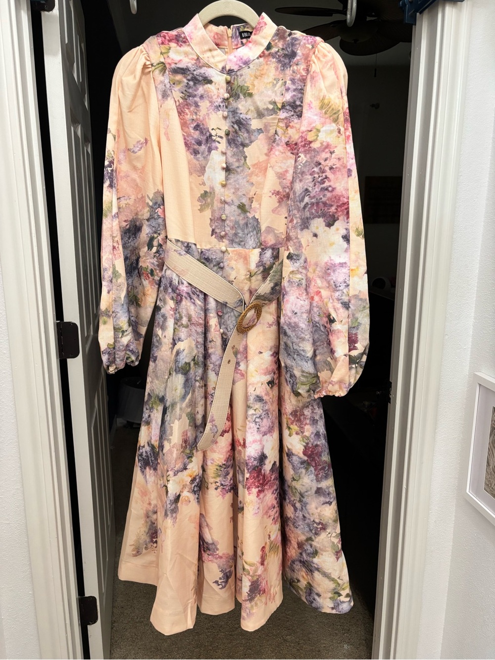 Ina Pink and Purple Floral Midi Dress with Removable Belt